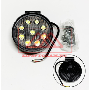 Перейти на страницу товара Фара светодиодная круглая, 9LED-27W, 10-30V flood, с габаритной подсветкой, моргающая, желтый, белый цвет, KR-3728